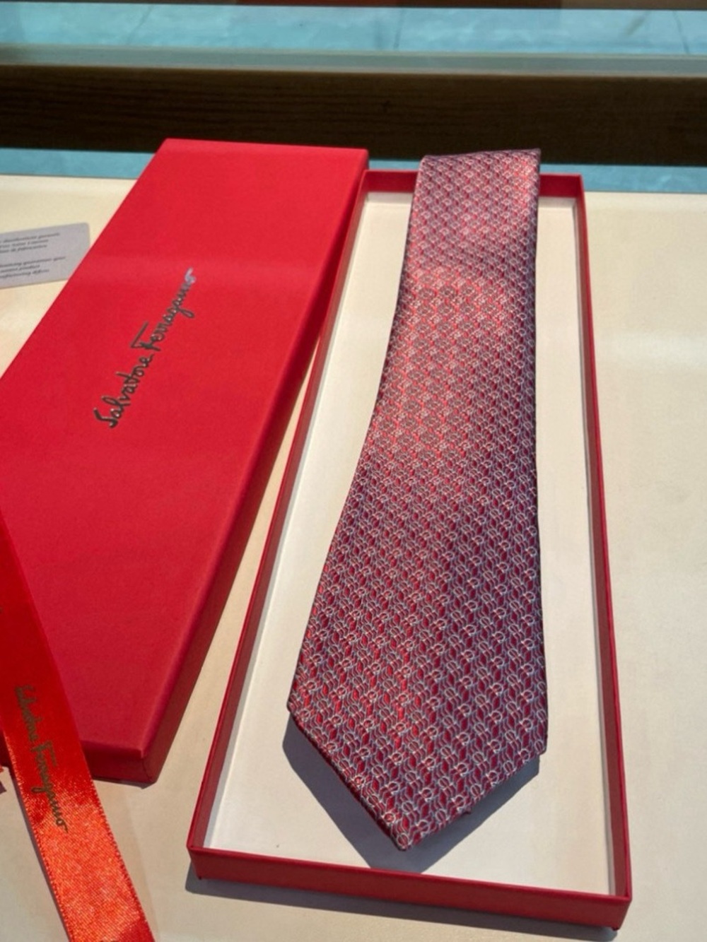 Salvatore Ferragamo Red and Silver Geometric Silk Tie